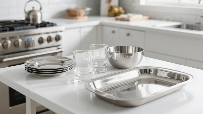 高清大图下载【趣麦麦图】现代厨房台面上摆放的不锈钢餐具和玻璃杯