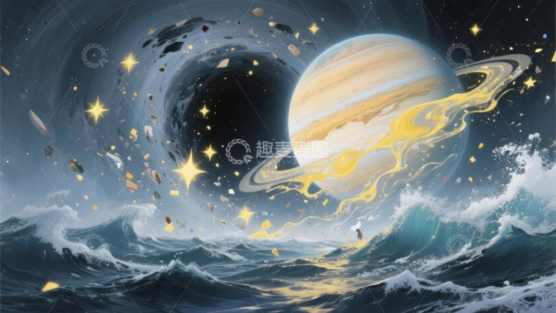 高清大图下载【趣麦麦图】宇宙行星与海洋波浪交织的奇幻艺术画面