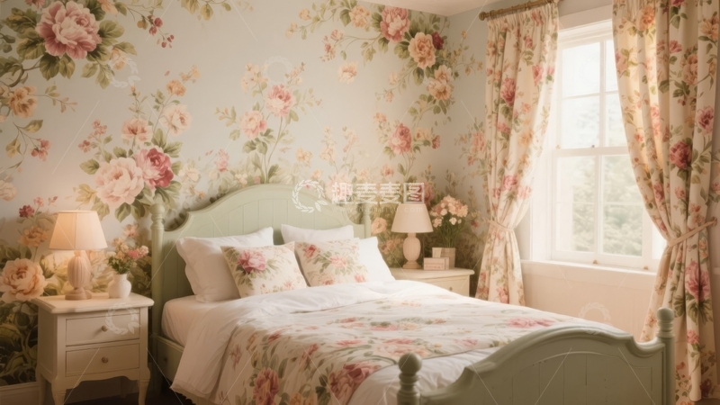 高清大图下载【趣麦麦图】装饰有花卉壁纸的温馨卧室场景