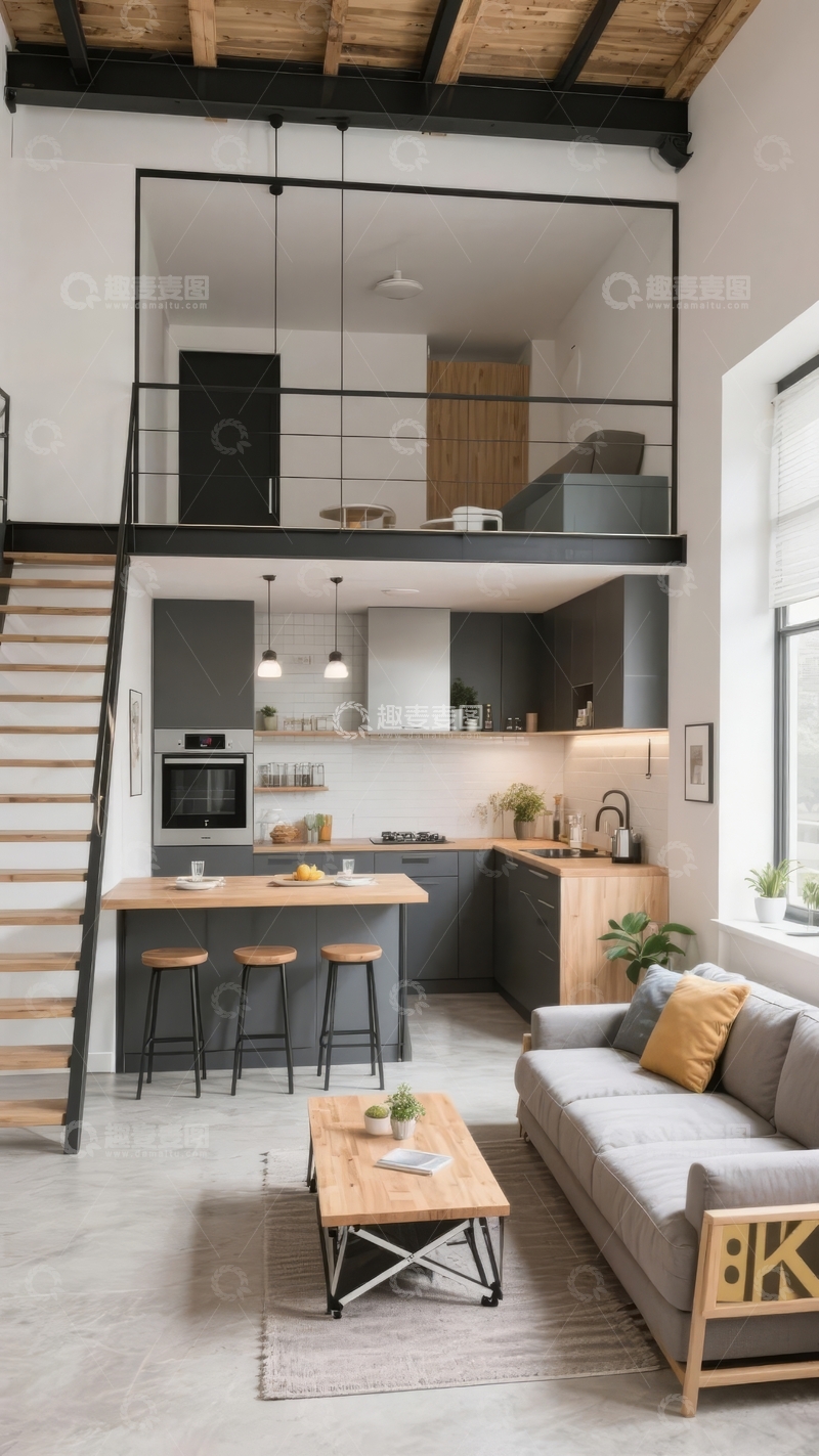 高清大图下载【趣麦麦图】现代开放式loft公寓厨房与客厅设计