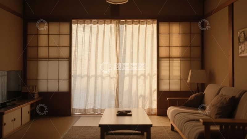 高清大图下载【趣麦麦图】日式风格室内空间柔和光线透过窗帘营造宁静氛围