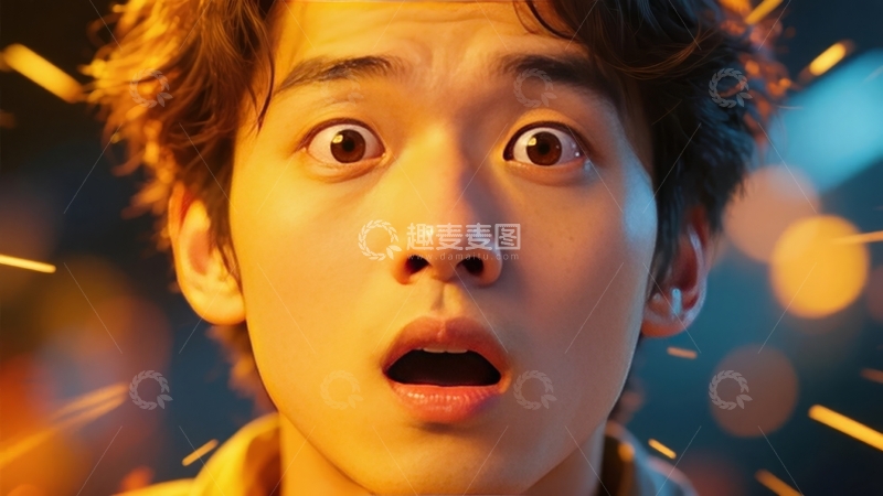 高清大图下载【趣麦麦图】-惊讶表情的年轻男子特写背景有光斑效果