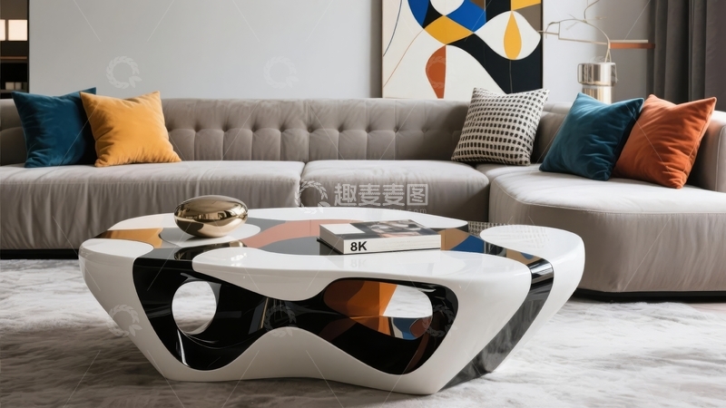 高清大图下载【趣麦麦图】现代客厅中摆放着灰色沙发和独特设计的茶几