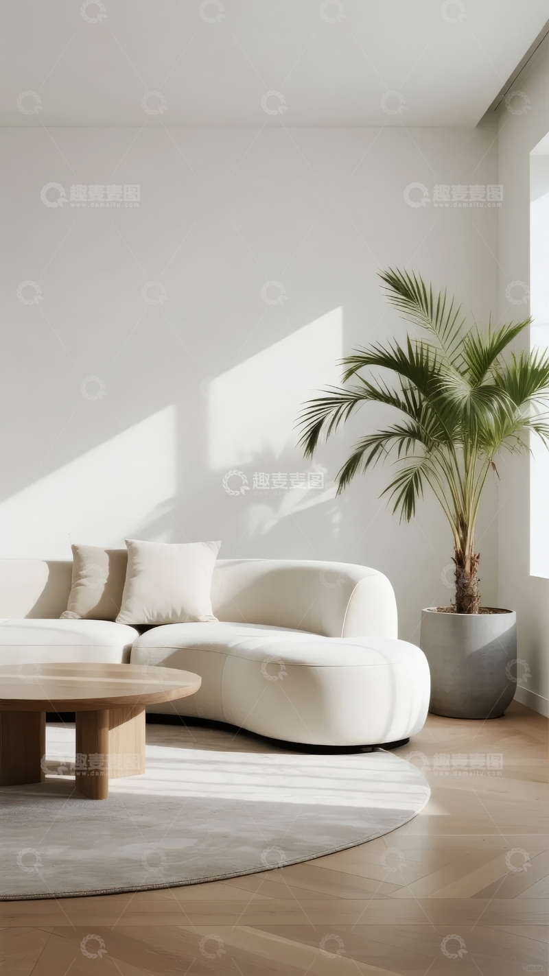 高清大图下载【趣麦麦图】现代简约风格客厅摆放着白色沙发和绿植