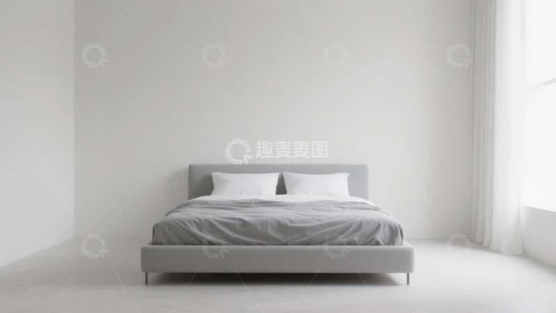 高清大图下载【趣麦麦图】简约现代风格的白色卧室床铺场景