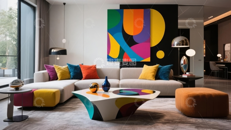 高清大图下载【趣麦麦图】现代客厅装饰多彩艺术画与舒适家具组合