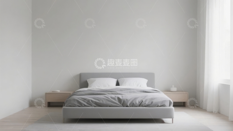 高清大图下载【趣麦麦图】简约现代风格卧室中央摆放灰色床铺
