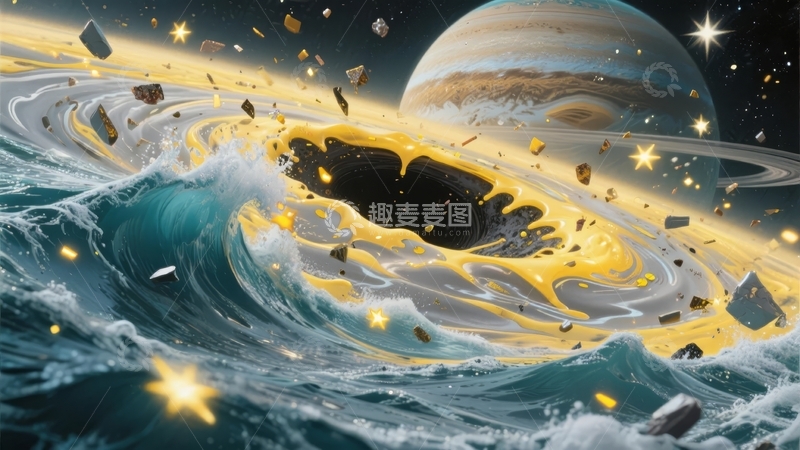 高清大图下载【趣麦麦图】-宇宙黑洞吞噬行星碎片与星云漩涡的奇幻景象