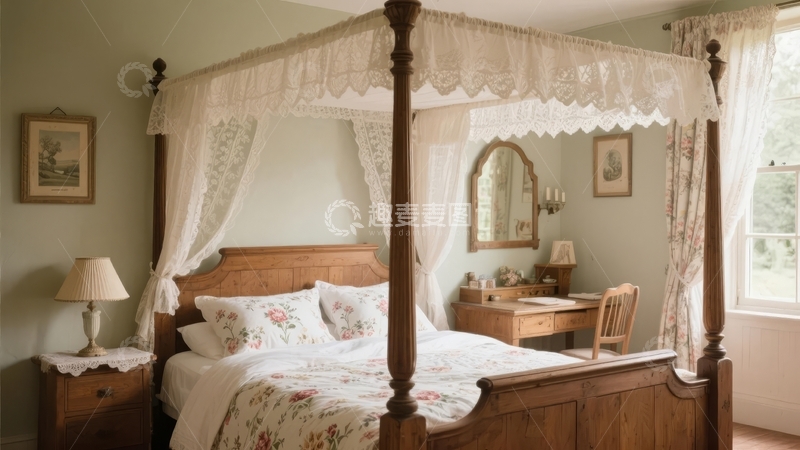 高清大图下载【趣麦麦图】典雅四柱床配花卉床品和木质家具的卧室