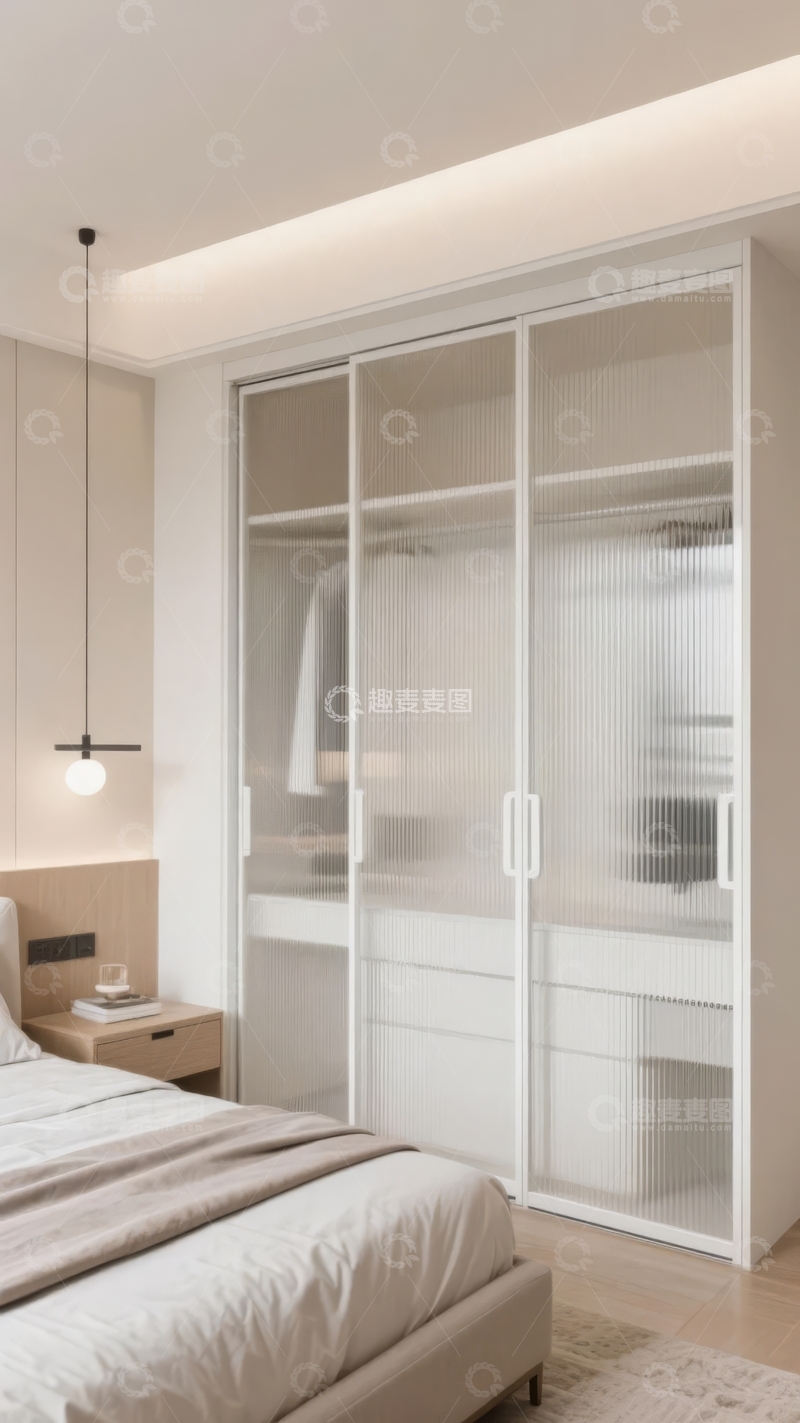 高清大图下载【趣麦麦图】现代简约风格卧室配备玻璃门衣柜和床头柜