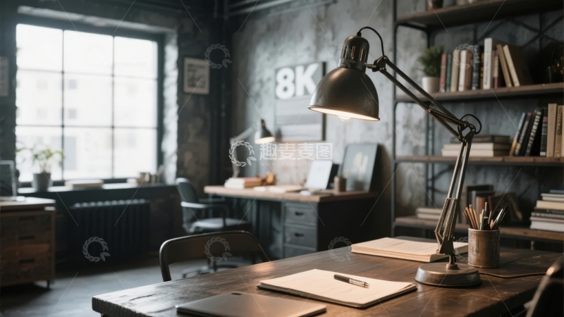 高清大图下载【趣麦麦图】复古风格书房内木质书桌与台灯