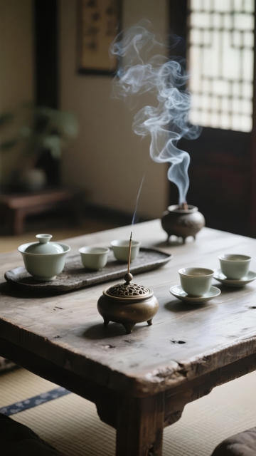 茶桌上香炉袅袅升起的烟雾与茶具静谧场景