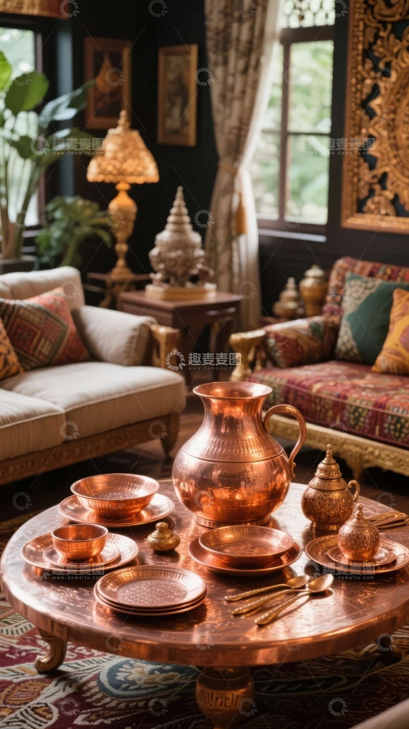 高清大图下载【趣麦麦图】装饰华丽的复古风格客厅内摆放着铜制餐具