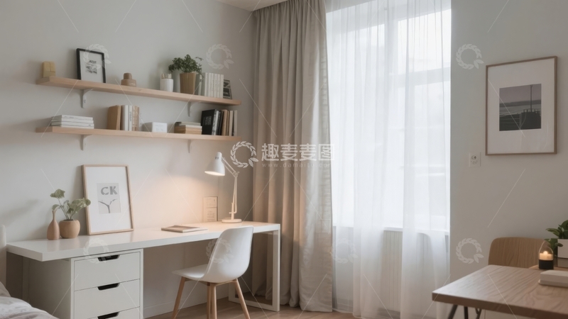 高清大图下载【趣麦麦图】明亮窗户旁的简约书桌与装饰架