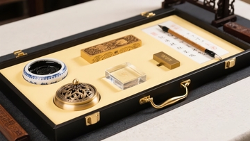 中式文房雅集套装展示包含香炉毛笔砚台等