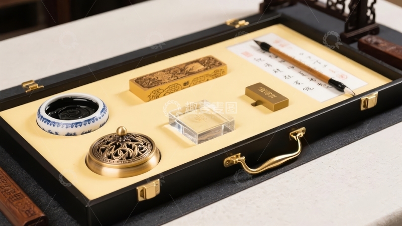 高清大图下载【趣麦麦图】中式文房雅集套装展示包含香炉毛笔砚台等