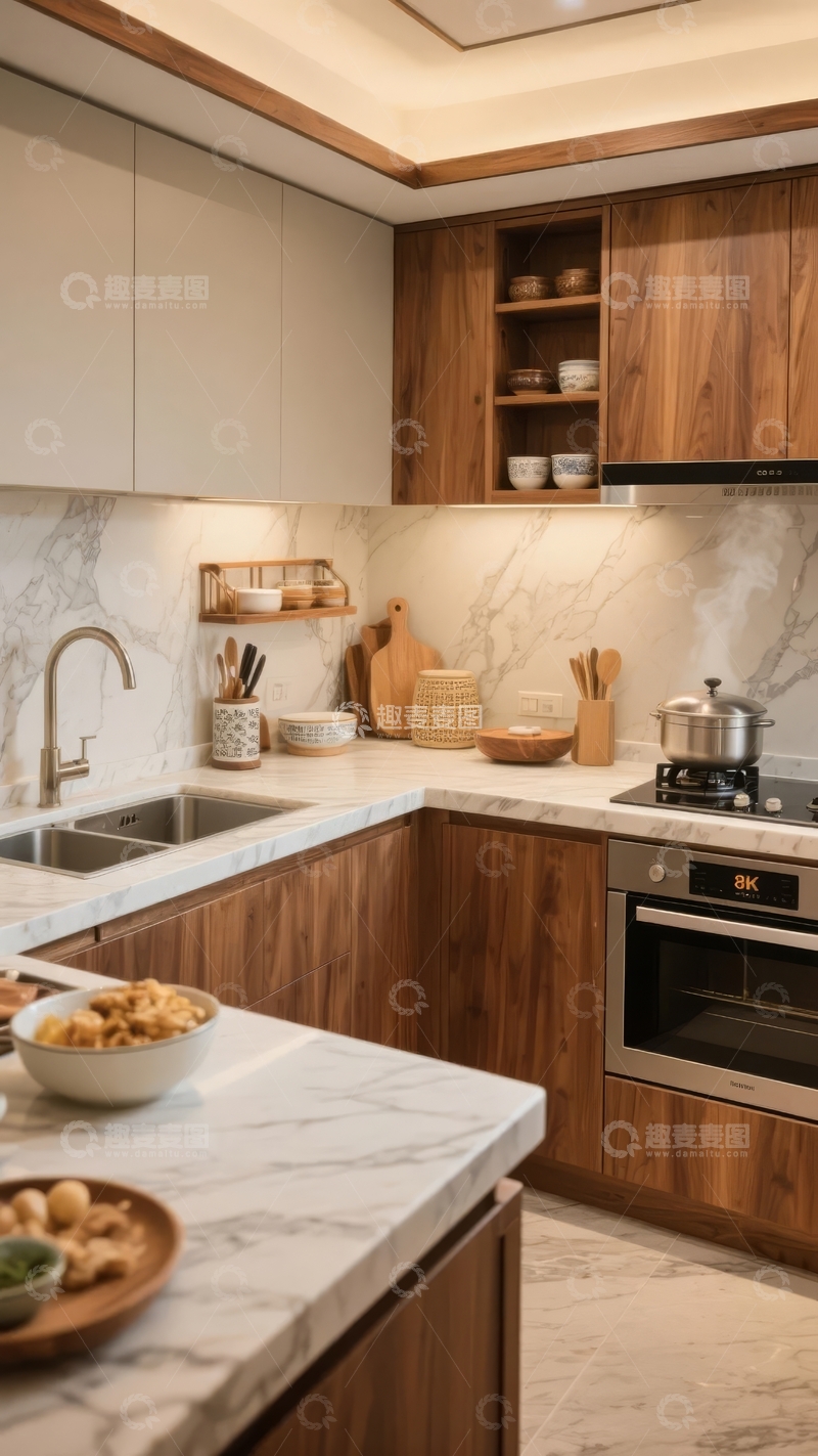 高清大图下载【趣麦麦图】现代厨房设计展示大理石台面与木质橱柜结合