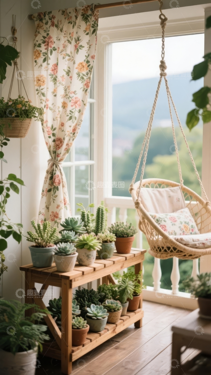 高清大图下载【趣麦麦图】阳台悬挂椅与绿植环绕的宁静角落
