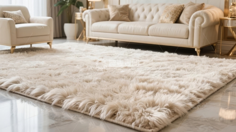 高清大图下载【趣麦麦图】现代客厅铺着白色毛绒地毯搭配米色沙发和扶手椅