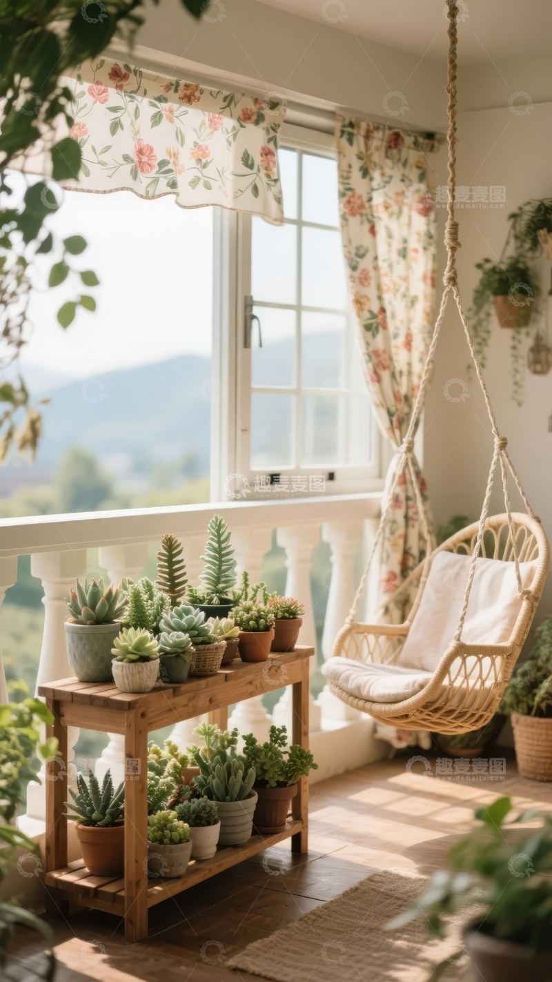 高清大图下载【趣麦麦图】阳光明媚的阳台角落摆放着吊椅和多肉植物