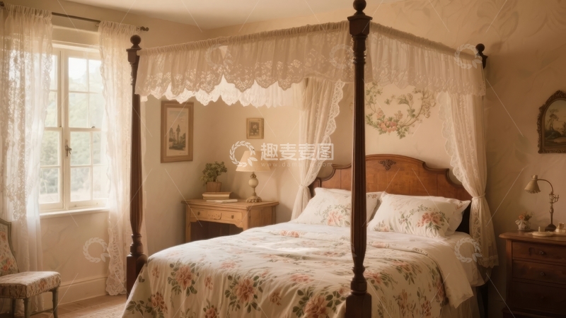 高清大图下载【趣麦麦图】典雅四柱床配花卉床品的温馨卧室