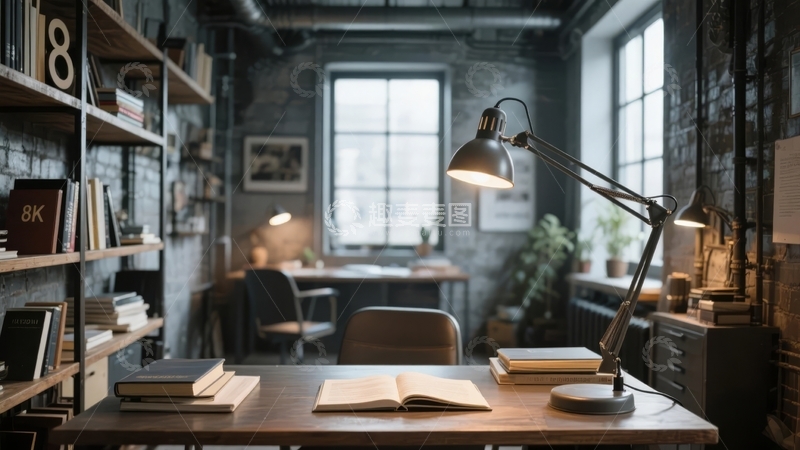 高清大图下载【趣麦麦图】工业风书房内书桌灯光照亮阅读空间