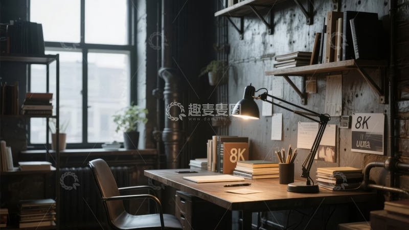 高清大图下载【趣麦麦图】复古风格书房内书桌与书架的静谧角落