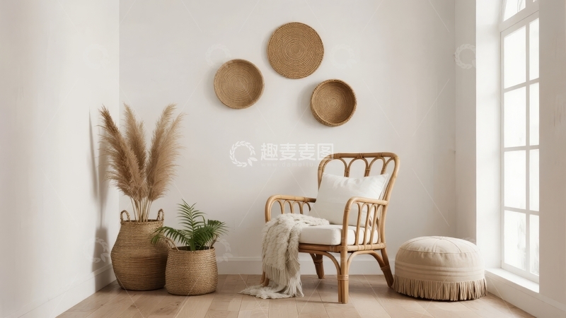 高清大图下载【趣麦麦图】温馨室内角落摆放着编织椅和装饰篮