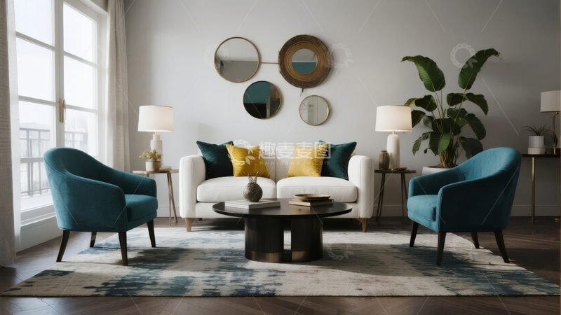高清大图下载【趣麦麦图】现代客厅布置以蓝色扶手椅和圆形装饰画为特色