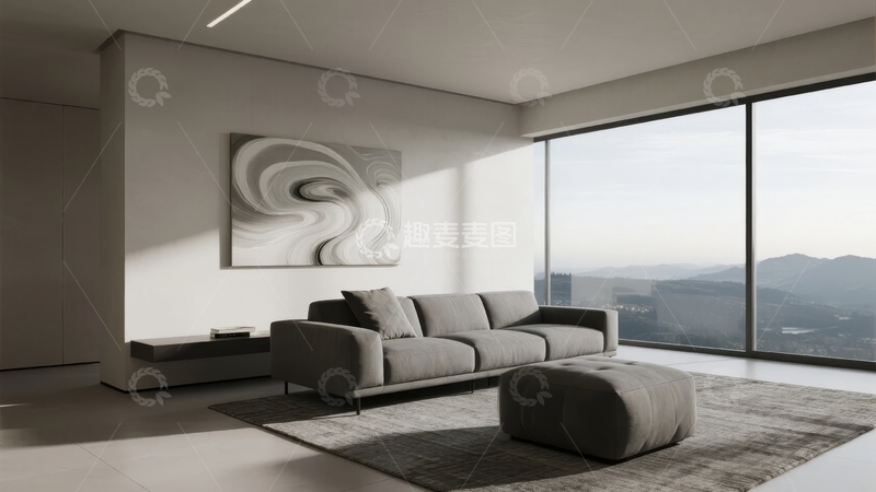 高清大图下载【趣麦麦图】现代简约客厅设计配大幅艺术画与落地窗景观