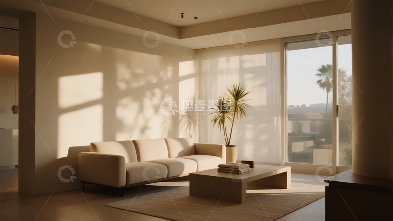 高清大图下载【趣麦麦图】现代简约客厅阳光透过窗户洒在沙发和墙壁上