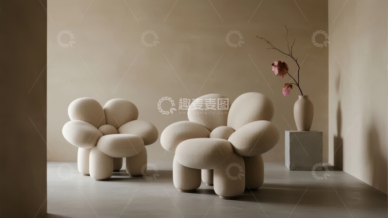 高清大图下载【趣麦麦图】现代简约风格的室内空间摆放着造型独特的白色软体家具