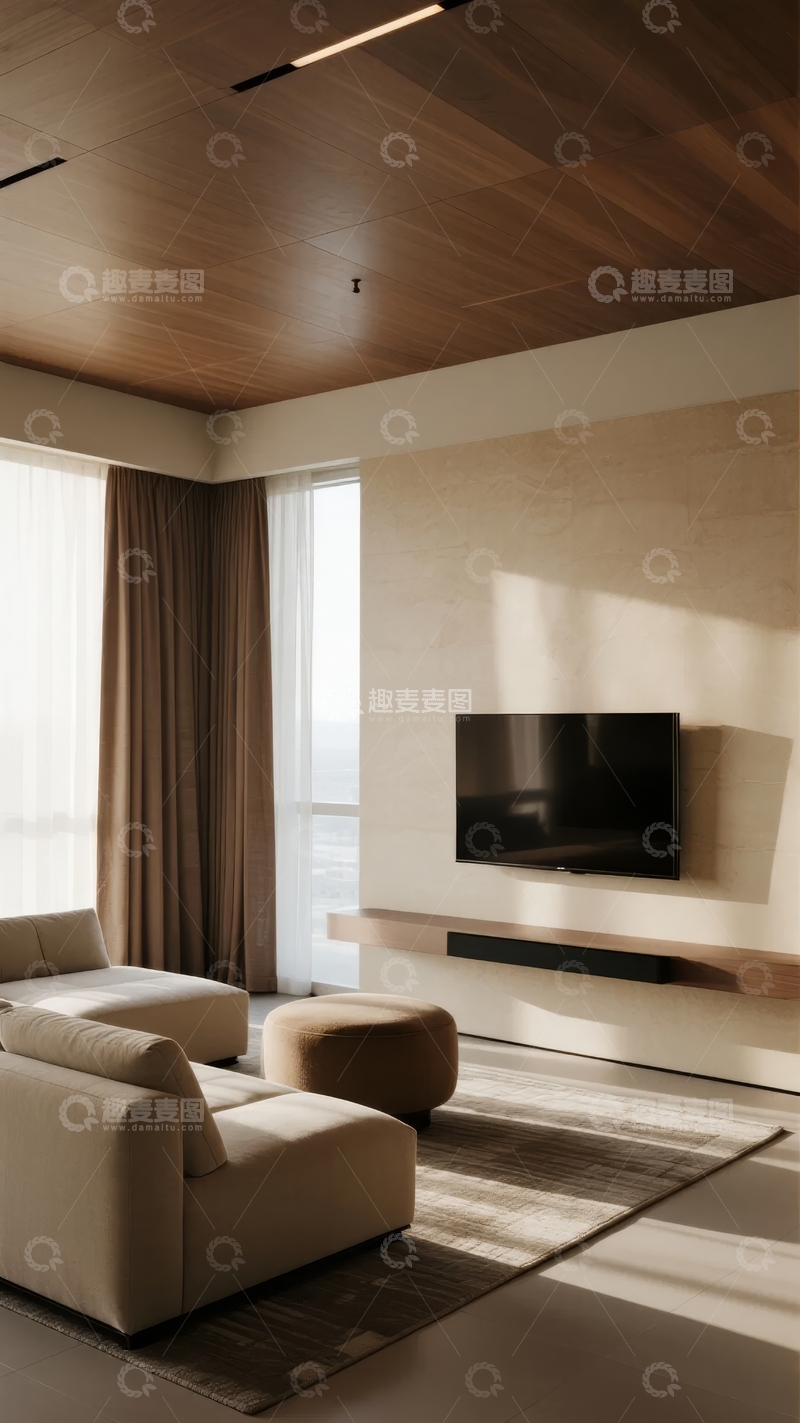 高清大图下载【趣麦麦图】现代简约客厅设计木质天花板与大面积窗户