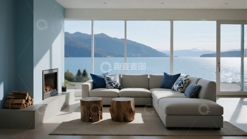 高清大图下载【趣麦麦图】现代客厅景观窗边沙发与海景山峦