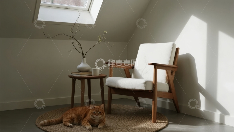 高清大图下载【趣麦麦图】阳光洒落的角落里一只橘猫悠闲地躺着