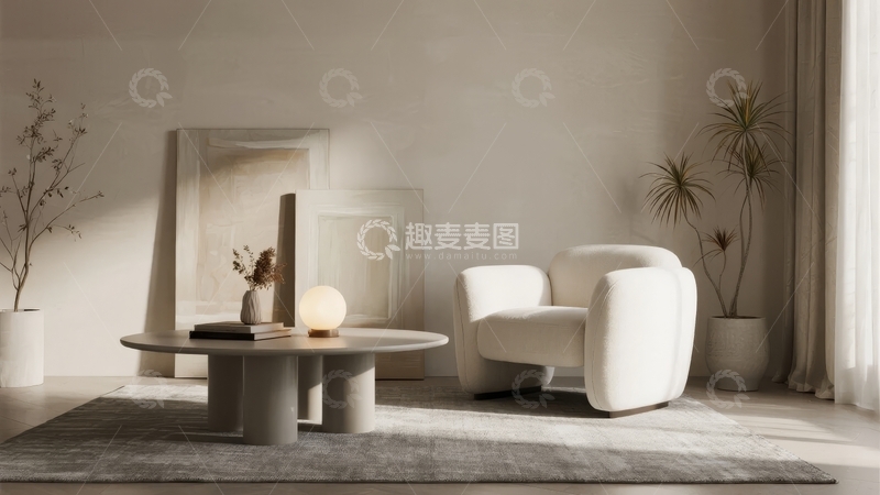 高清大图下载【趣麦麦图】现代简约风格客厅一角摆放着白色扶手椅和圆形茶几