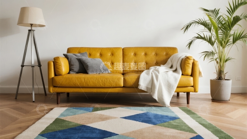 高清大图下载【趣麦麦图】黄色沙发搭配几何地毯的现代客厅一角