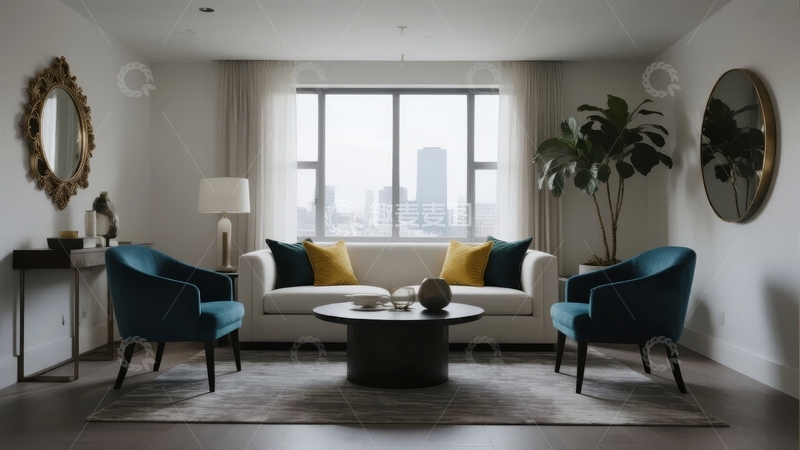 高清大图下载【趣麦麦图】现代简约风格客厅布置窗外城市景观
