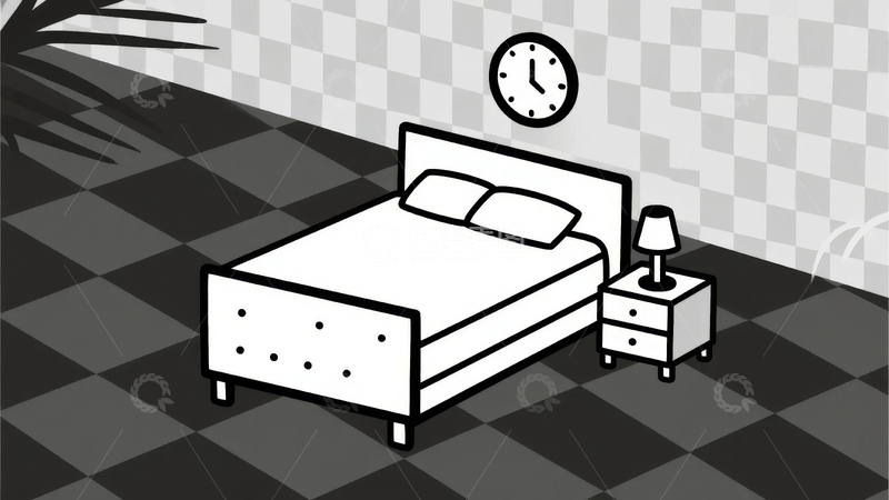 高清大图下载【趣麦麦图】黑白风格卧室场景简约床铺与床头柜