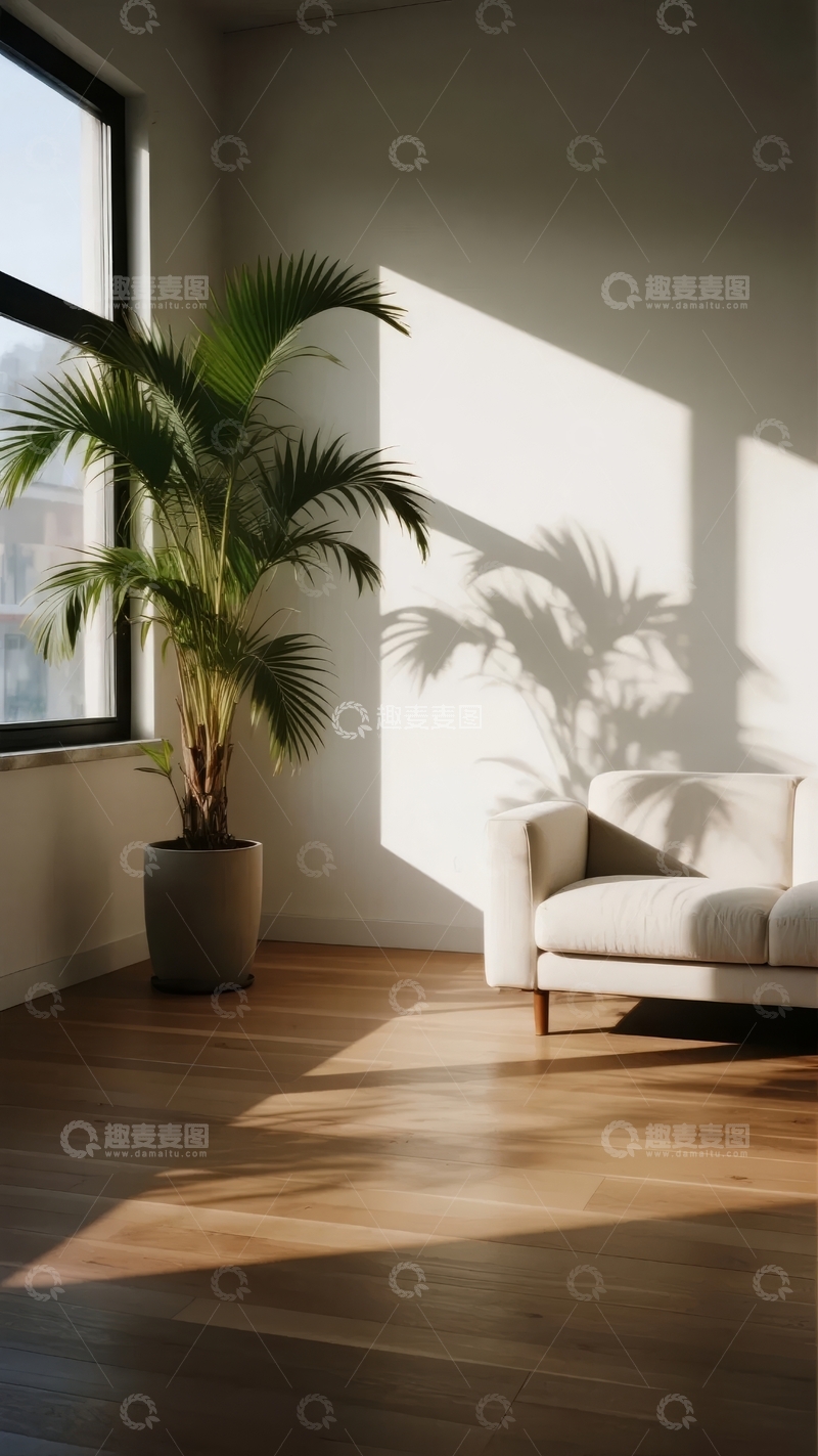 高清大图下载【趣麦麦图】室内阳光洒落窗边绿植与沙发的宁静角落