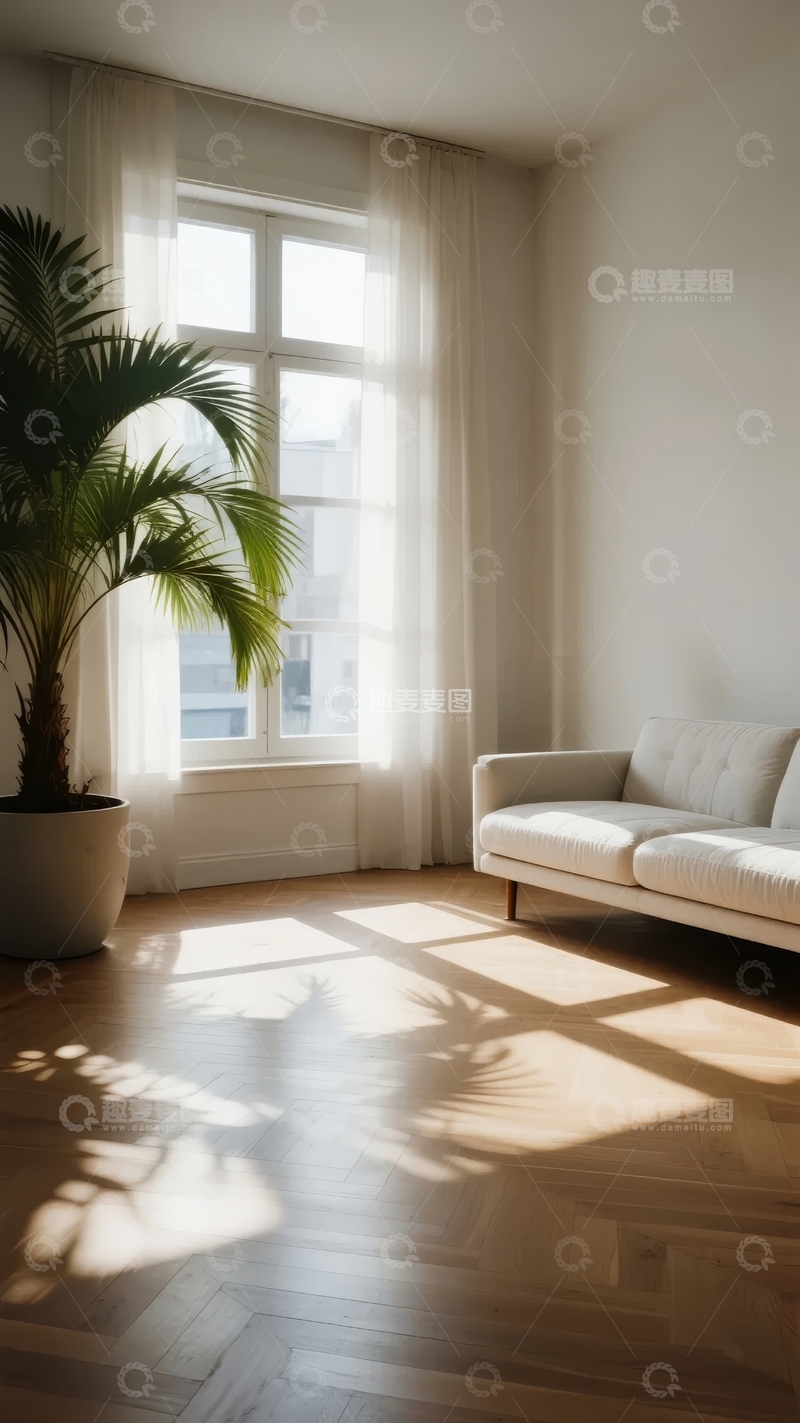 高清大图下载【趣麦麦图】明亮室内窗边绿植与简约沙发