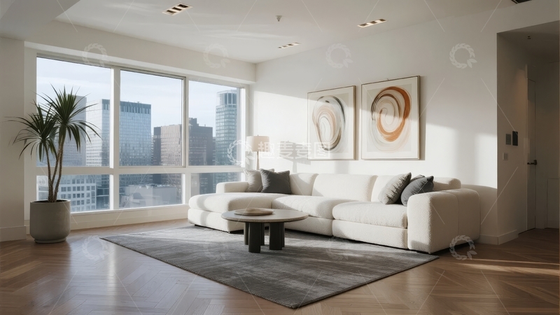 高清大图下载【趣麦麦图】现代客厅景观窗边沙发与艺术装饰画