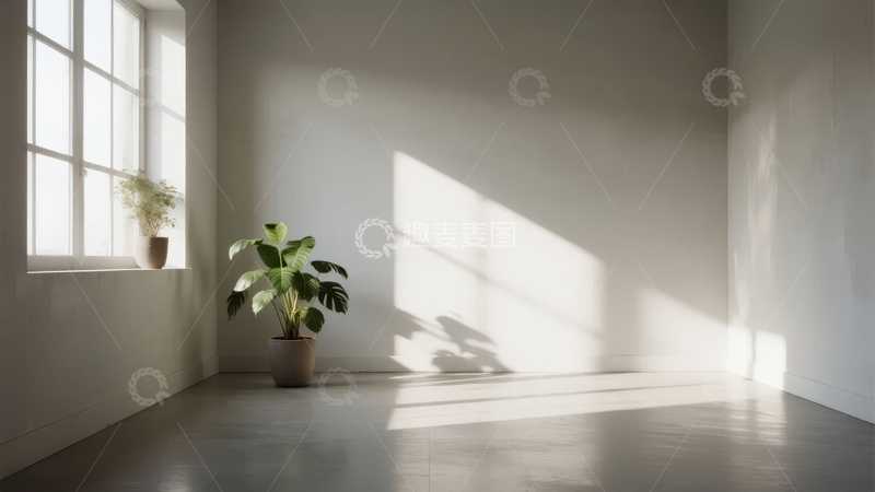 高清大图下载【趣麦麦图】阳光洒入空旷房间角落绿植静立