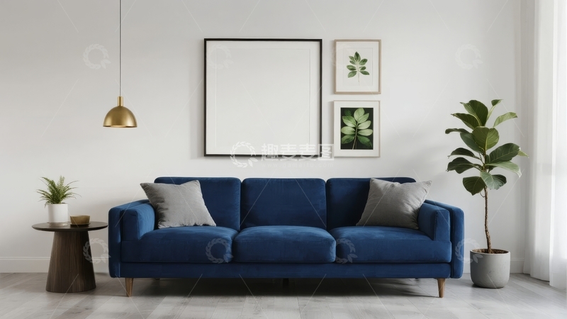 高清大图下载【趣麦麦图】现代简约风格客厅蓝色沙发搭配绿植装饰