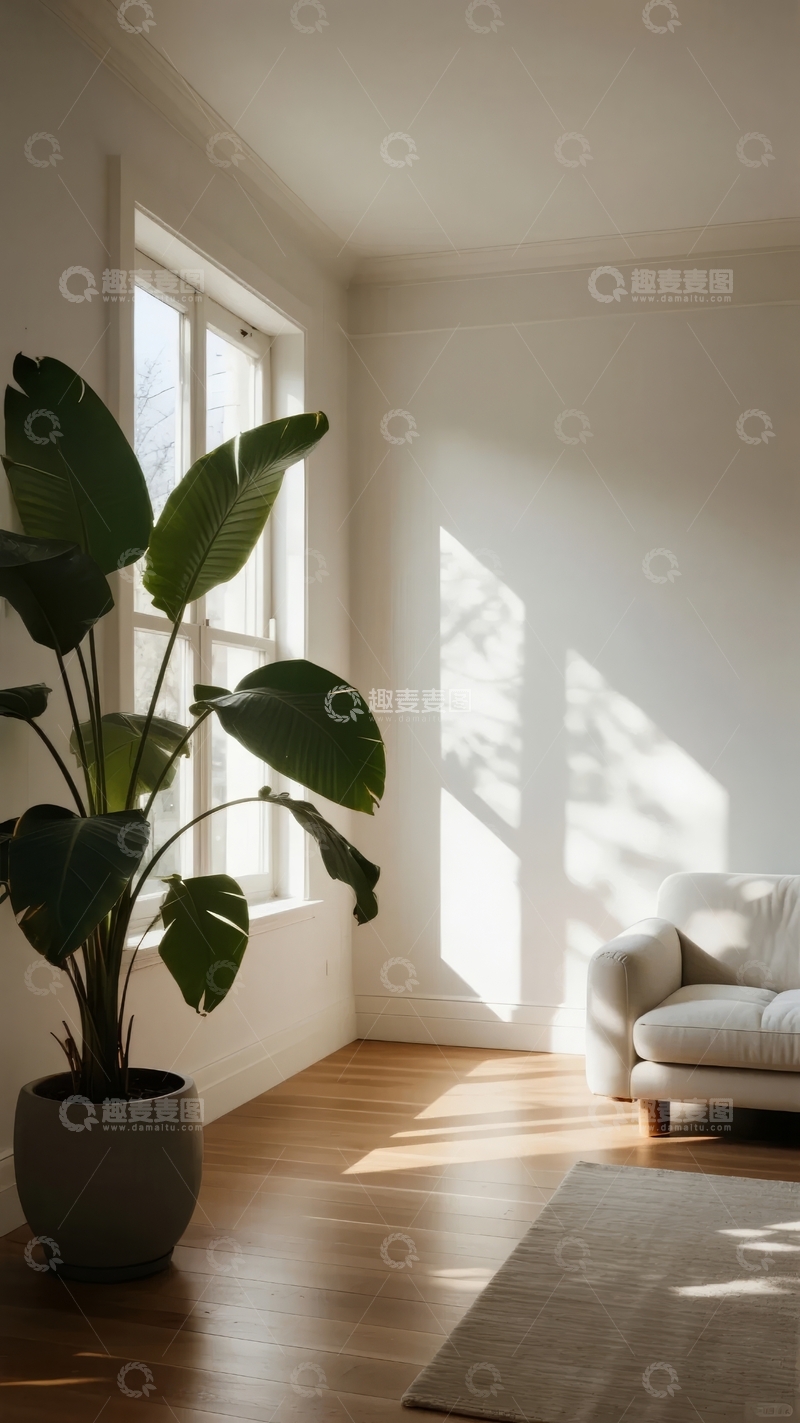 高清大图下载【趣麦麦图】明亮室内一角阳光透过窗户洒在墙角的沙发和绿植上