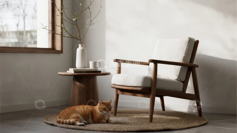 高清大图下载【趣麦麦图】室内角落一只橘猫安静地躺在地毯上