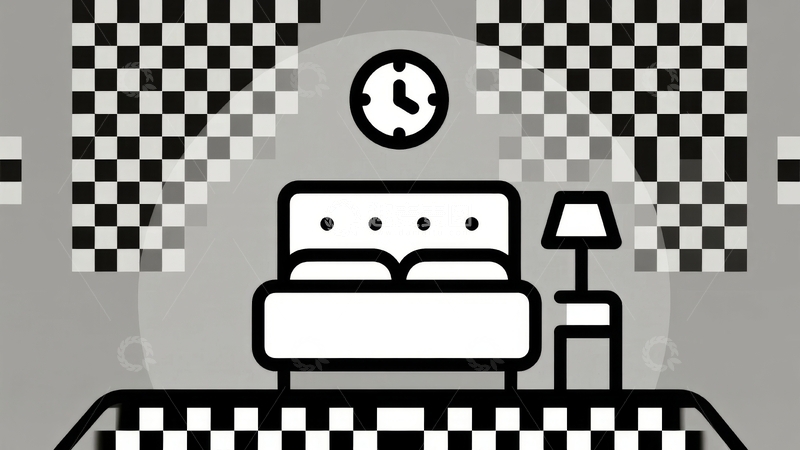 高清大图下载【趣麦麦图】黑白棋盘格房间内的简约床铺与时钟装饰