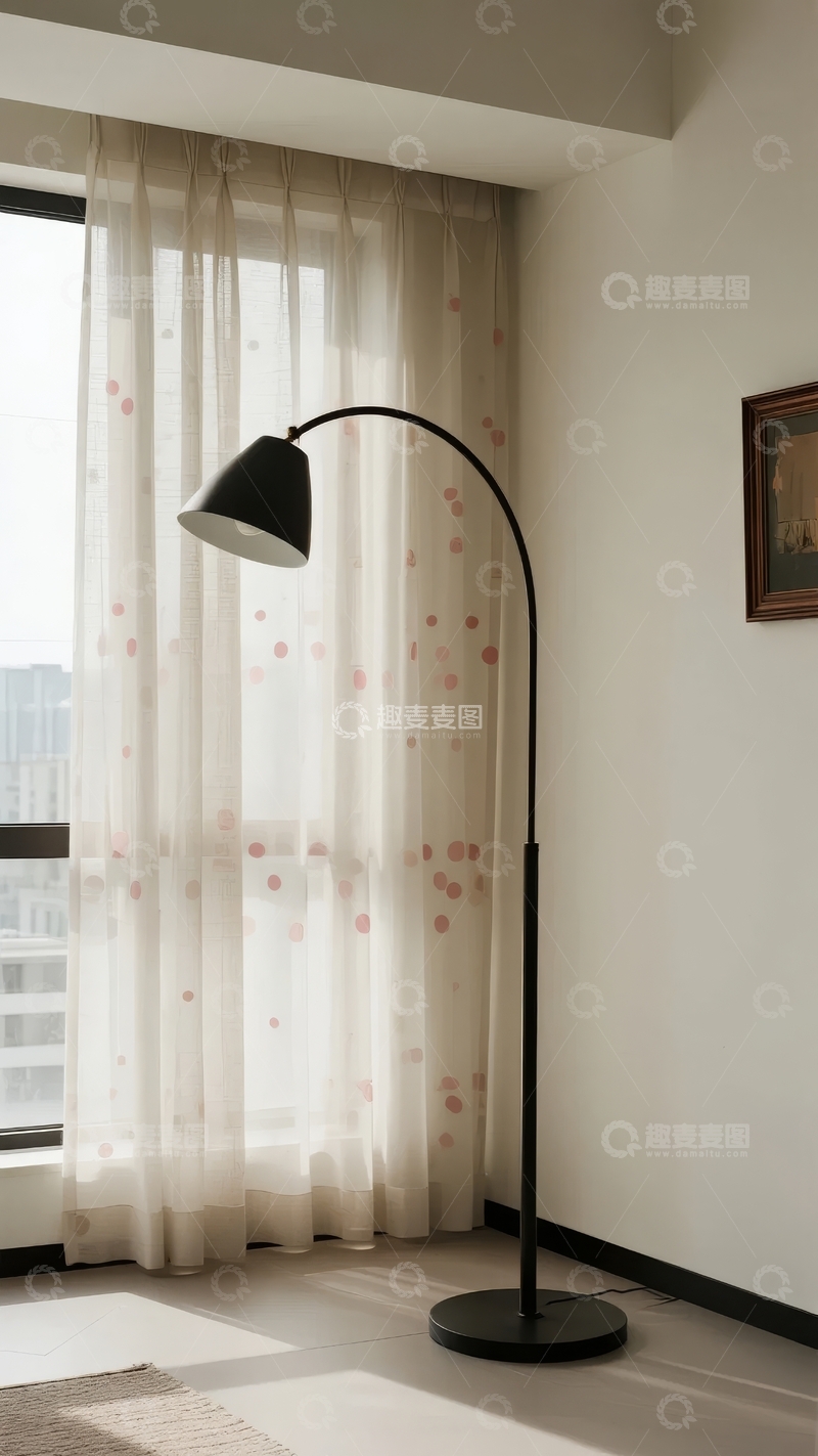 高清大图下载【趣麦麦图】现代简约风格室内落地灯与窗纱装饰