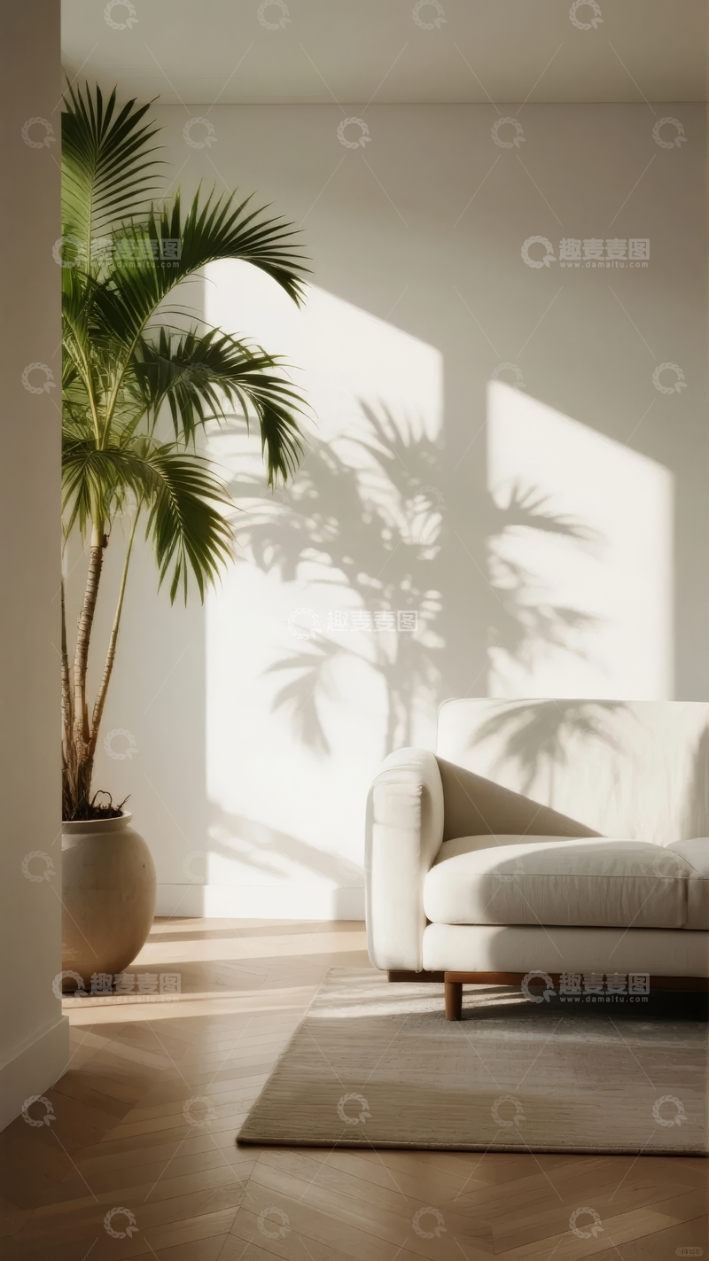 高清大图下载【趣麦麦图】阳光透过棕榈叶在简约客厅的墙上投下斑驳阴影
