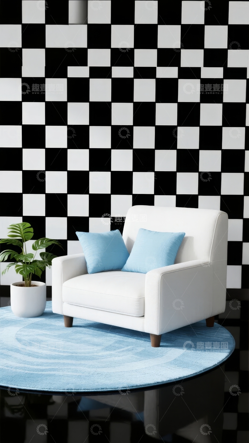 高清大图下载【趣麦麦图】黑白棋盘格墙前摆放着白色扶手椅和蓝色靠垫